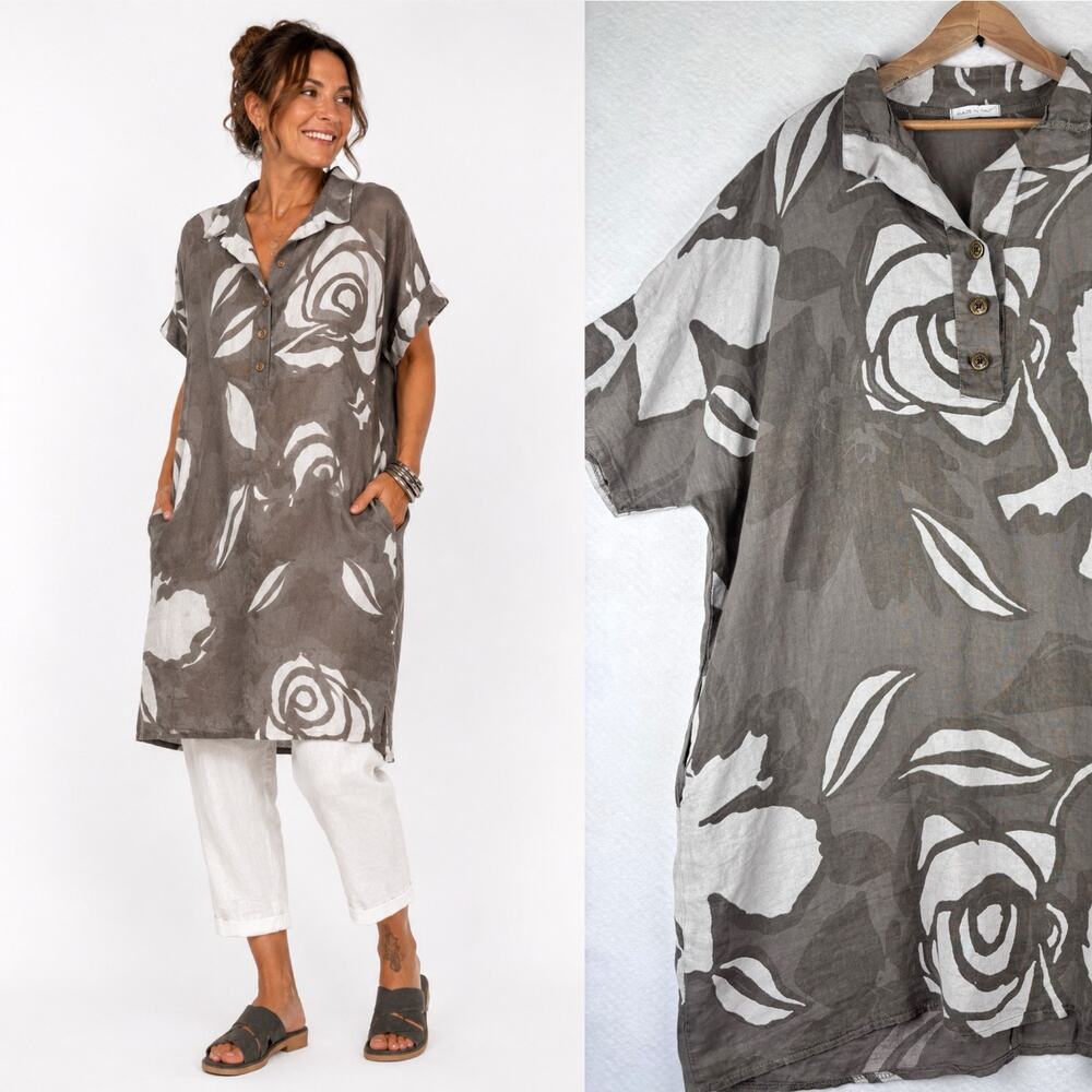 Made in Italy 100% Linen Floral Tunic Shirt Dress Taupe Lagenlook Large Artsy